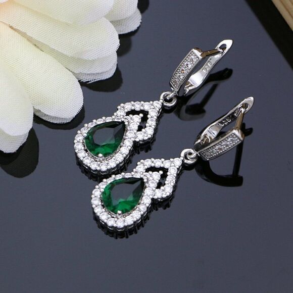 EMERALD DIAMOND STERLING SILVER WATER DROP EARRINGS - Picture 2 of 5